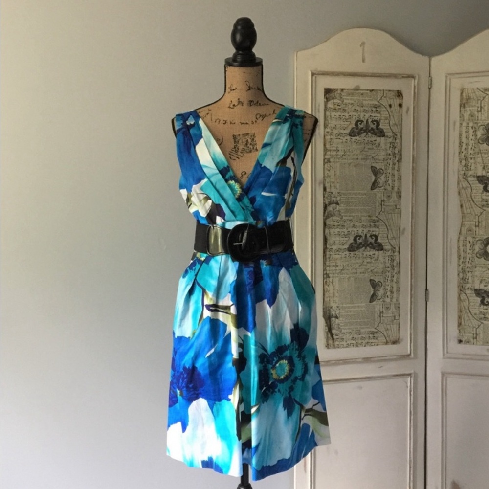 Corey P. V Neck Floral Belted Dress w/pockets EUC